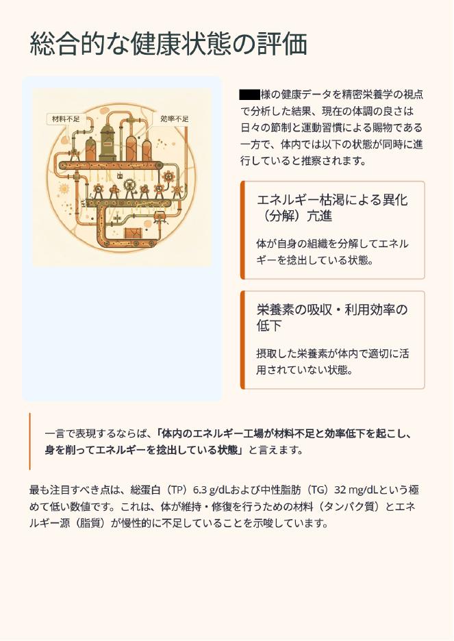 サンプルレポート1ページ目：総合的な健康状態の評価